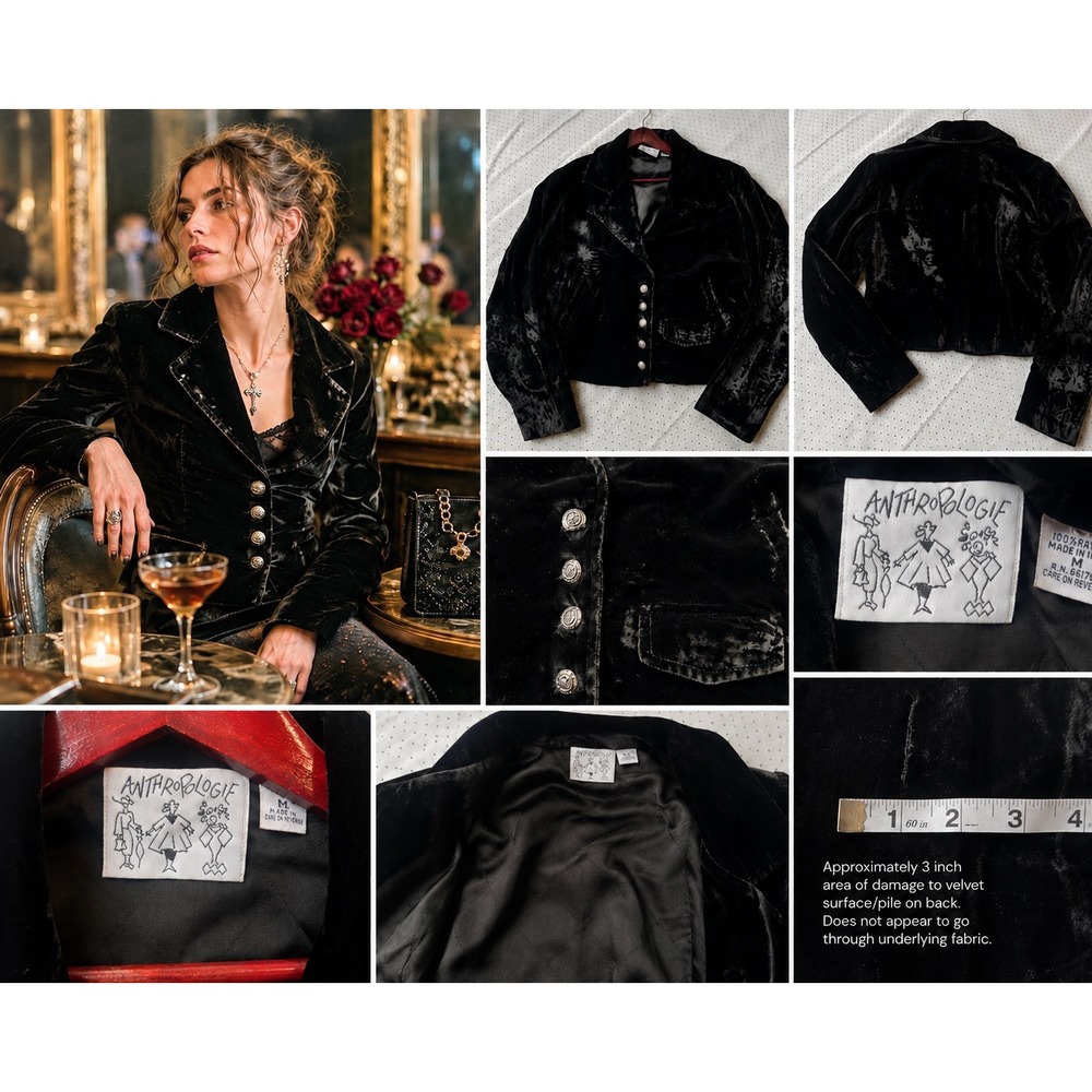 Vintage Anthropologie Black Velvet Blazer Women M Silver Button Cropped Jacket